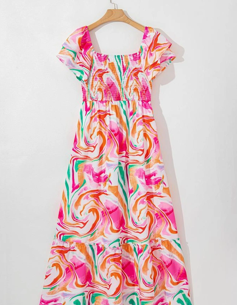 Pink Abstract Print Ruffled Sleeve Smocked Bust Maxi Dress