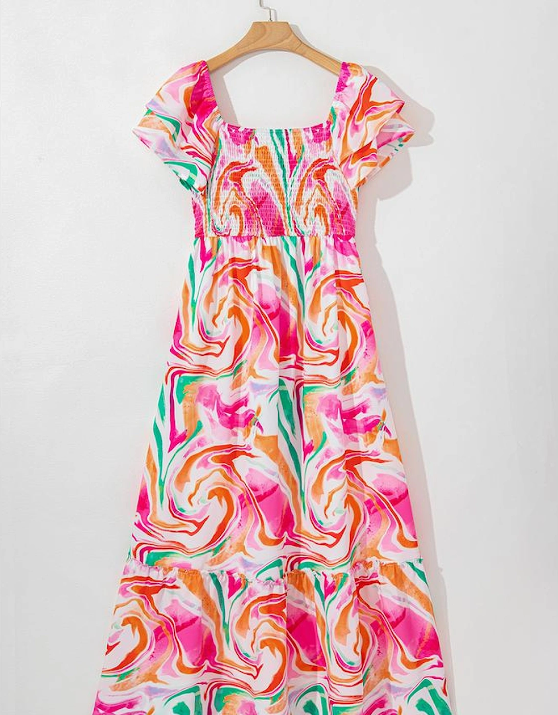 Pink Abstract Print Ruffled Sleeve Smocked Bust Maxi Dress