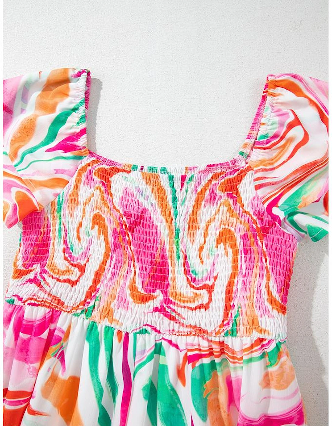 Pink Abstract Print Ruffled Sleeve Smocked Bust Maxi Dress