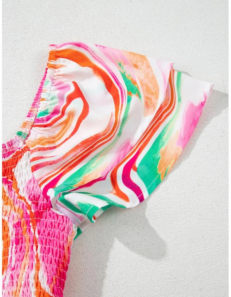 Pink Abstract Print Ruffled Sleeve Smocked Bust Maxi Dress