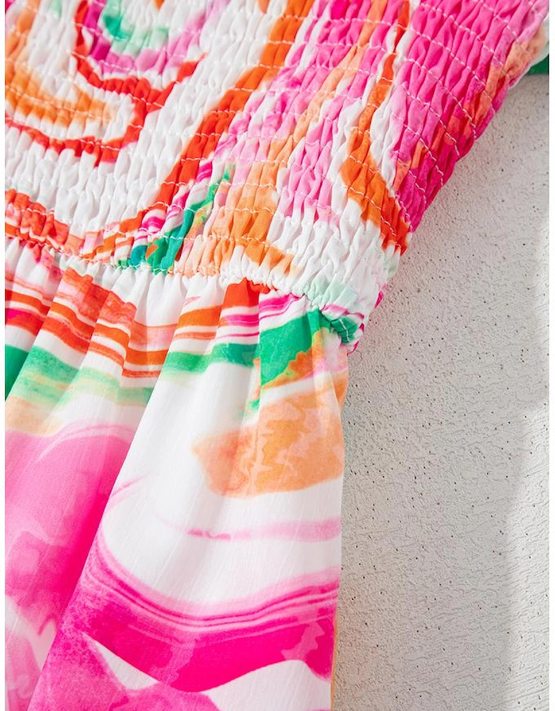 Pink Abstract Print Ruffled Sleeve Smocked Bust Maxi Dress