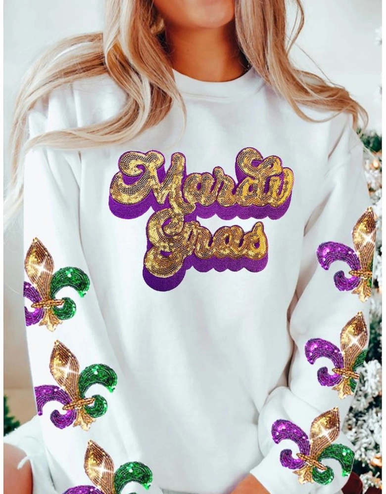 Beige Sequin Mardi Gras Patched Pattern Fleur de Lis Sleeve Sweatshirt