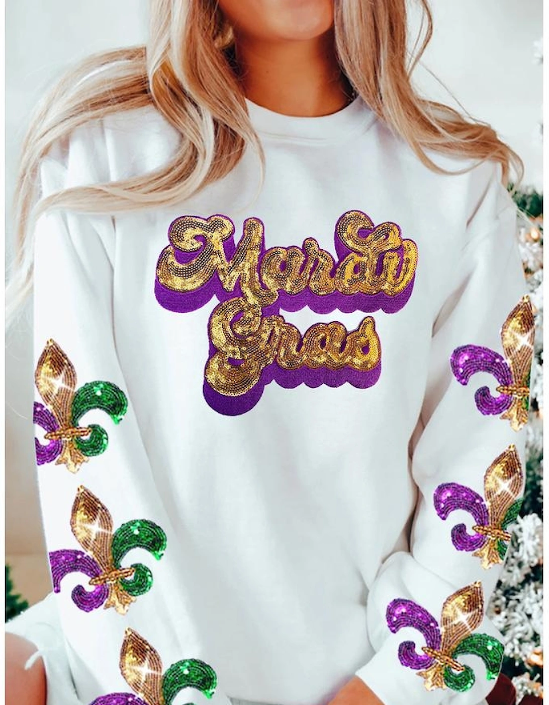 Beige Sequin Mardi Gras Patched Pattern Fleur de Lis Sleeve Sweatshirt