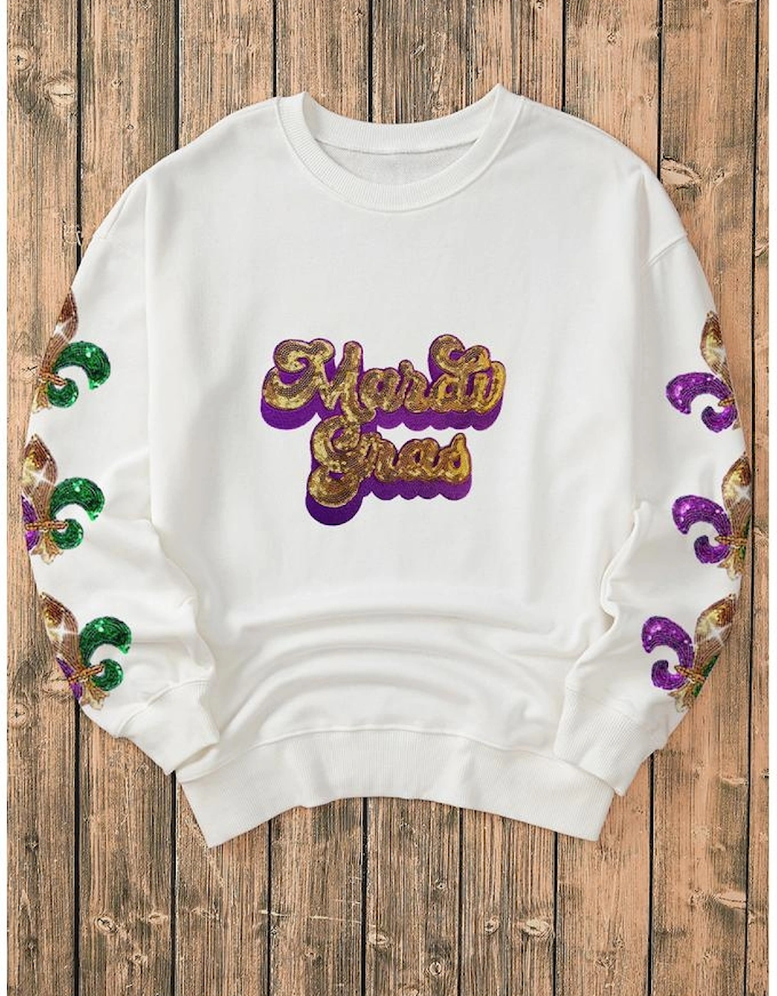 Beige Sequin Mardi Gras Patched Pattern Fleur de Lis Sleeve Sweatshirt