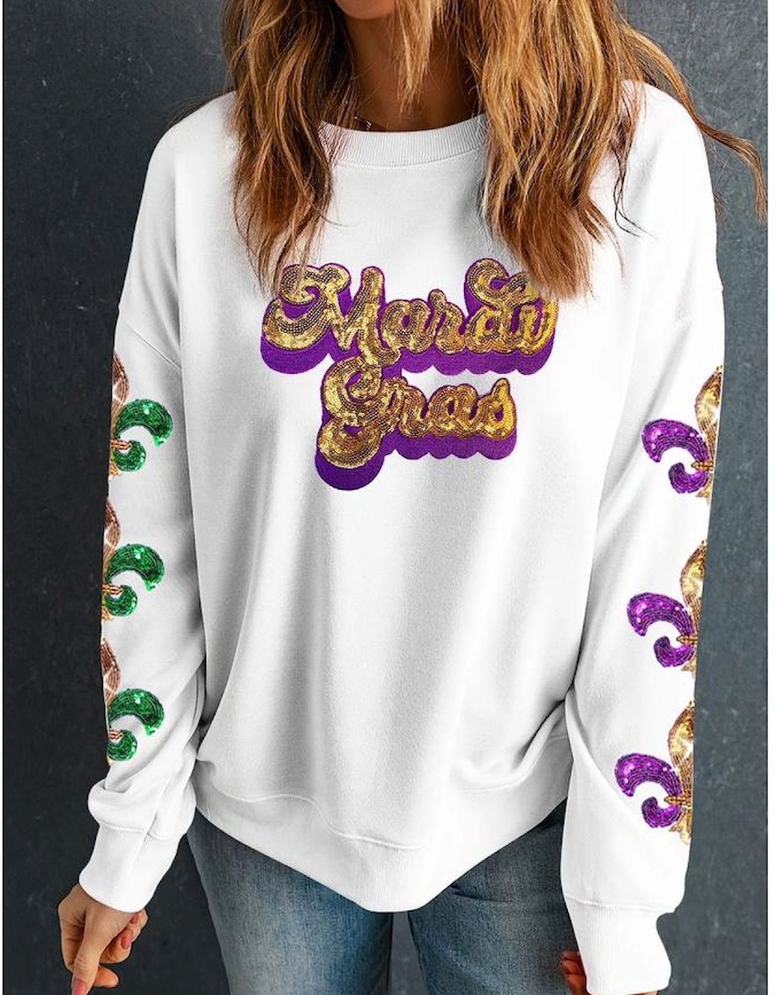 Beige Sequin Mardi Gras Patched Pattern Fleur de Lis Sleeve Sweatshirt, 5 of 4