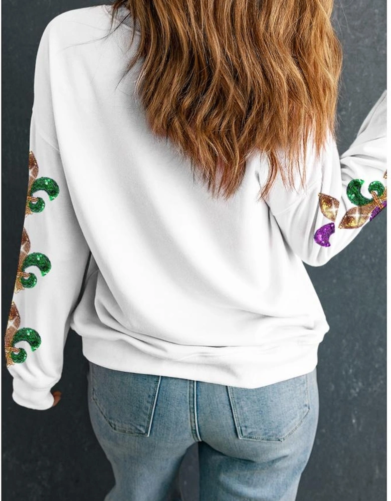Beige Sequin Mardi Gras Patched Pattern Fleur de Lis Sleeve Sweatshirt