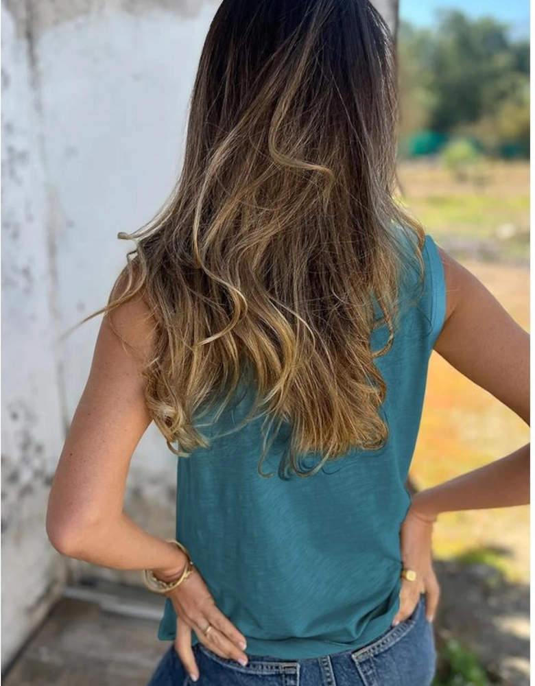 Peacock Blue Metallic Sheen Edge Scoop Neck Tank Top