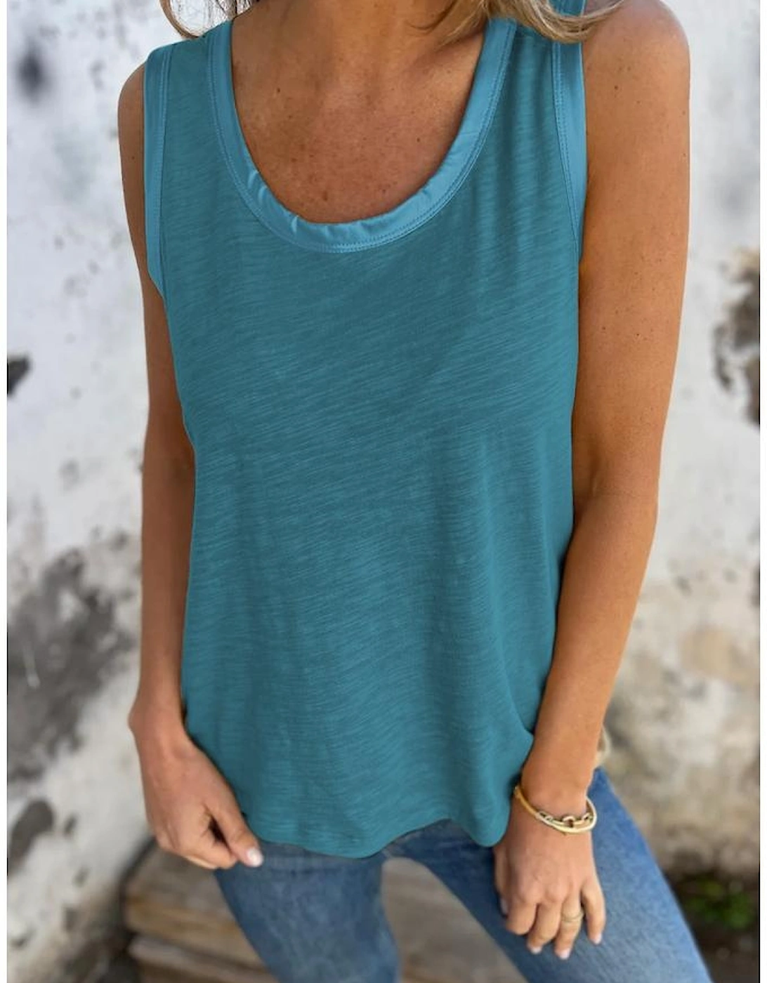 Peacock Blue Metallic Sheen Edge Scoop Neck Tank Top
