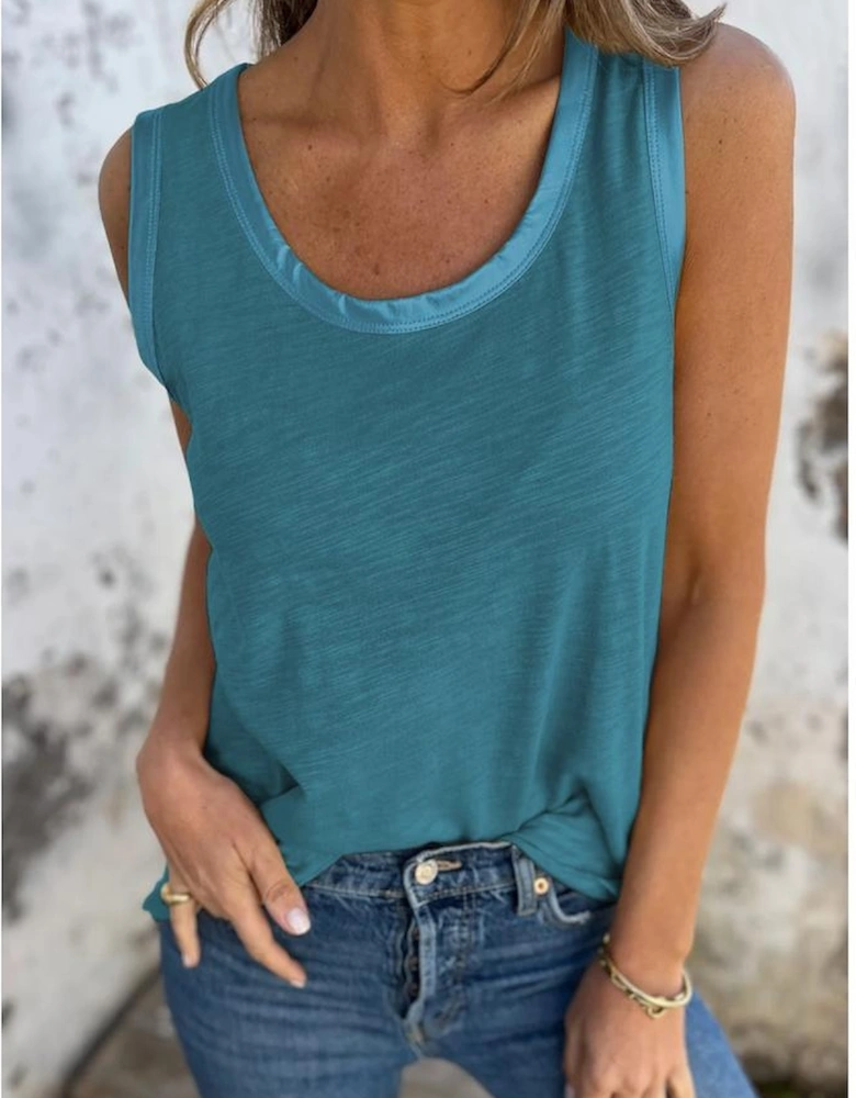 Peacock Blue Metallic Sheen Edge Scoop Neck Tank Top