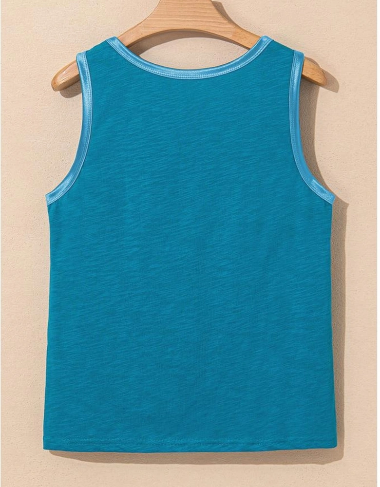 Peacock Blue Metallic Sheen Edge Scoop Neck Tank Top