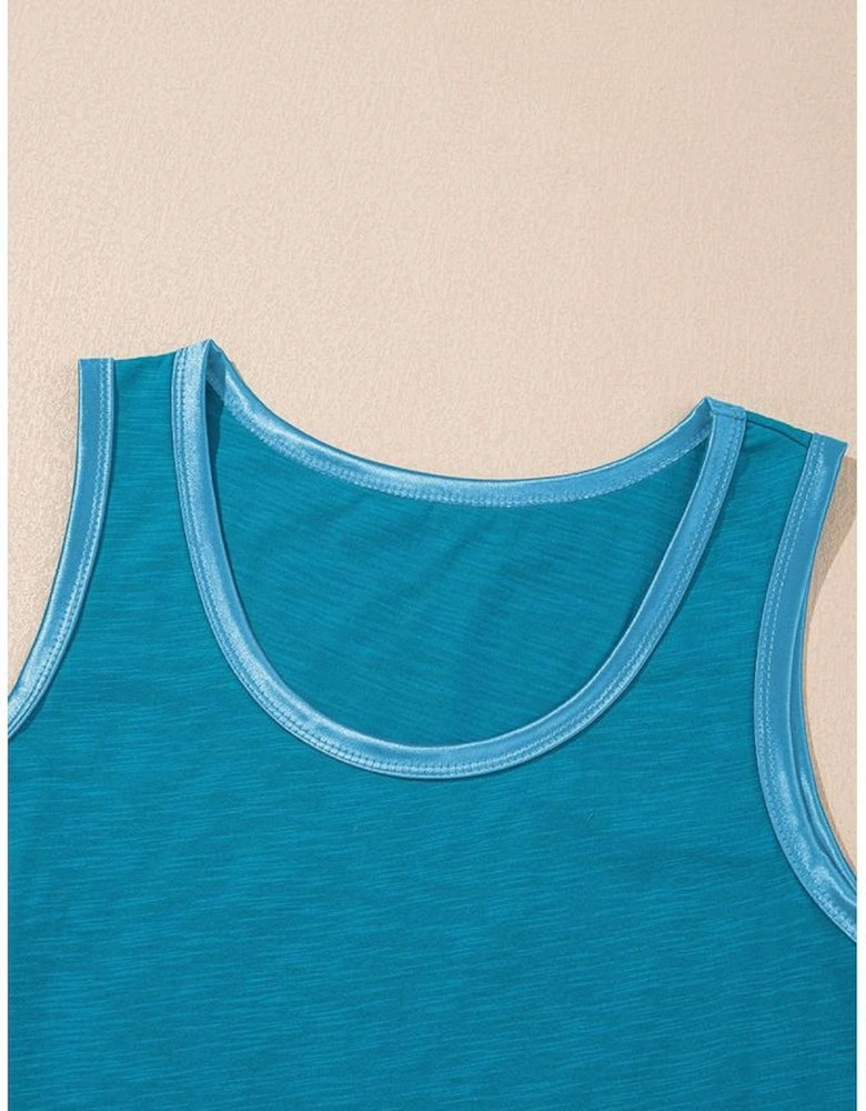 Peacock Blue Metallic Sheen Edge Scoop Neck Tank Top