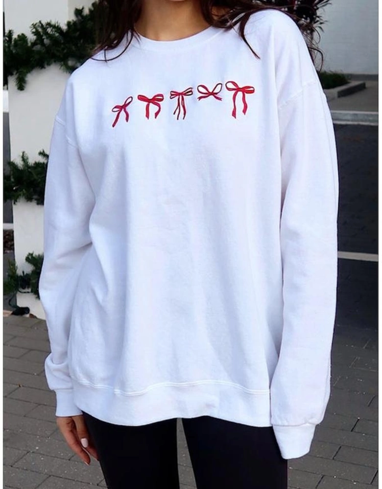 White Diverse Bow Embroidery Drop Shoulder Sweatshirt