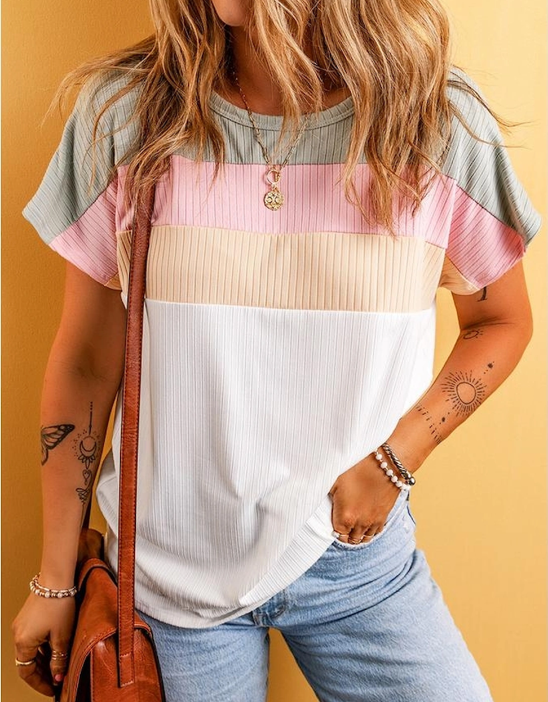 White Ribbed Color Block Patchwork T-shirt, 7 of 6