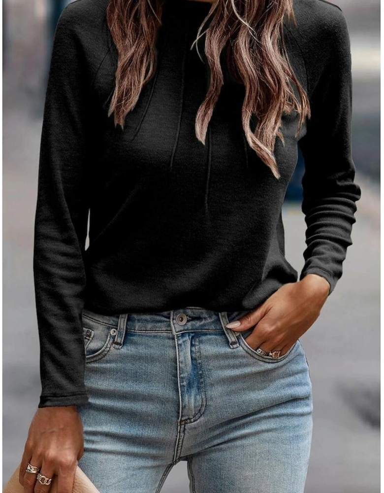 Black Solid Color Seam Detail Raglan Long Sleeve Top