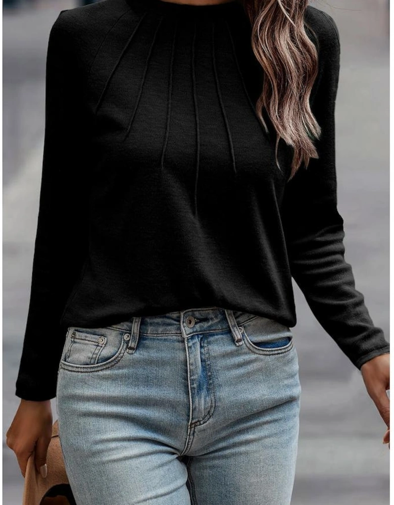 Black Solid Color Seam Detail Raglan Long Sleeve Top