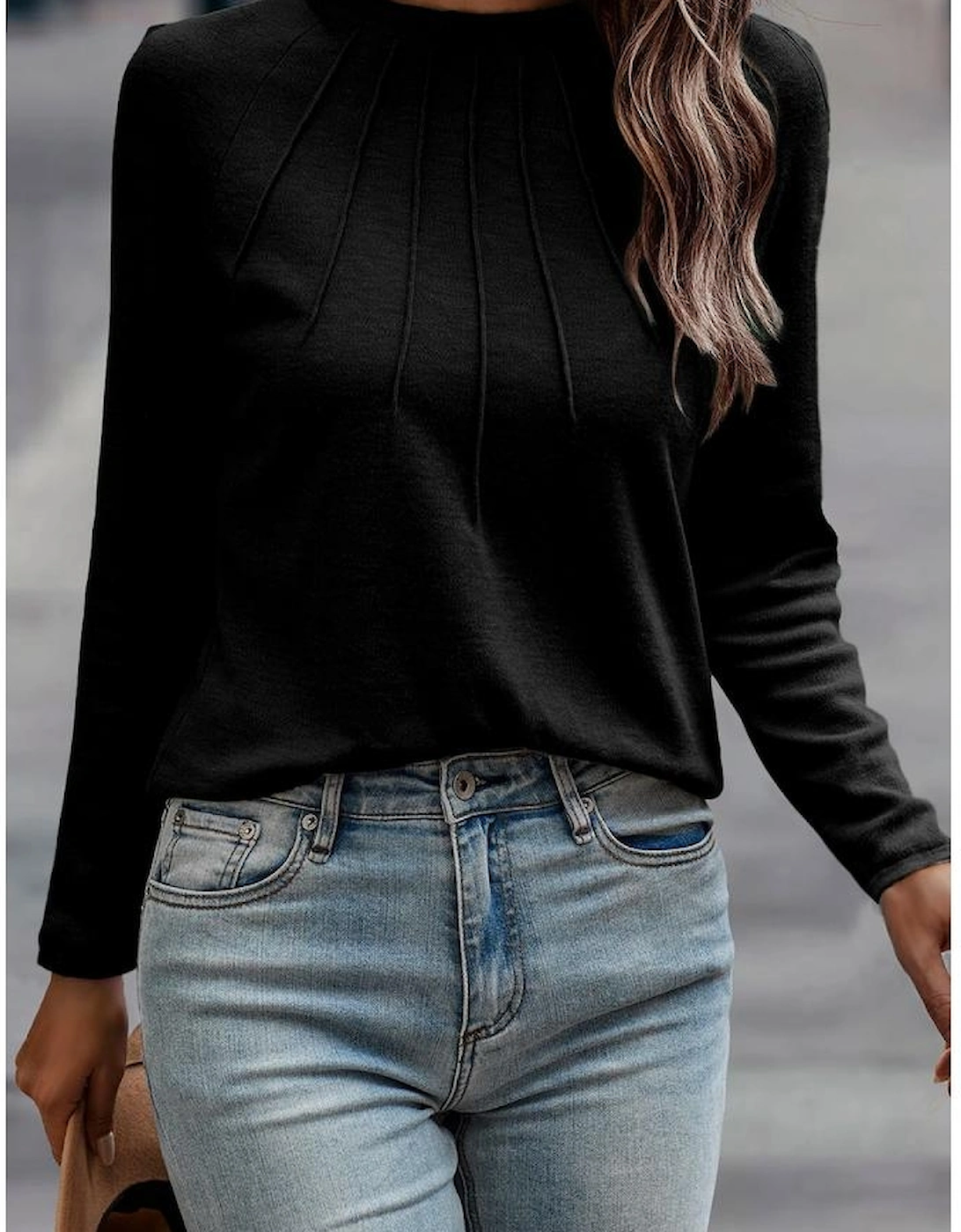 Black Solid Color Seam Detail Raglan Long Sleeve Top