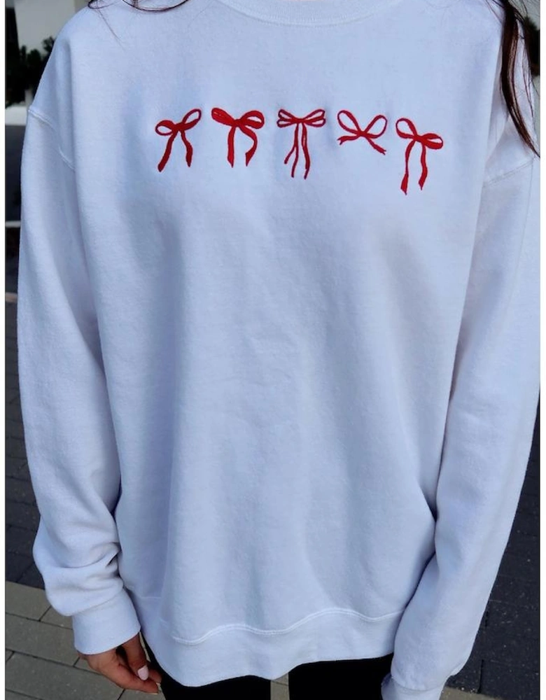 White Diverse Bow Embroidery Drop Shoulder Sweatshirt