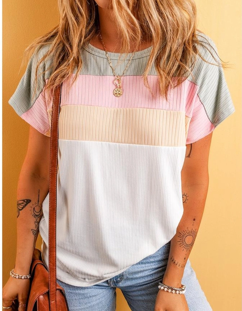 White Ribbed Color Block Patchwork T-shirt
