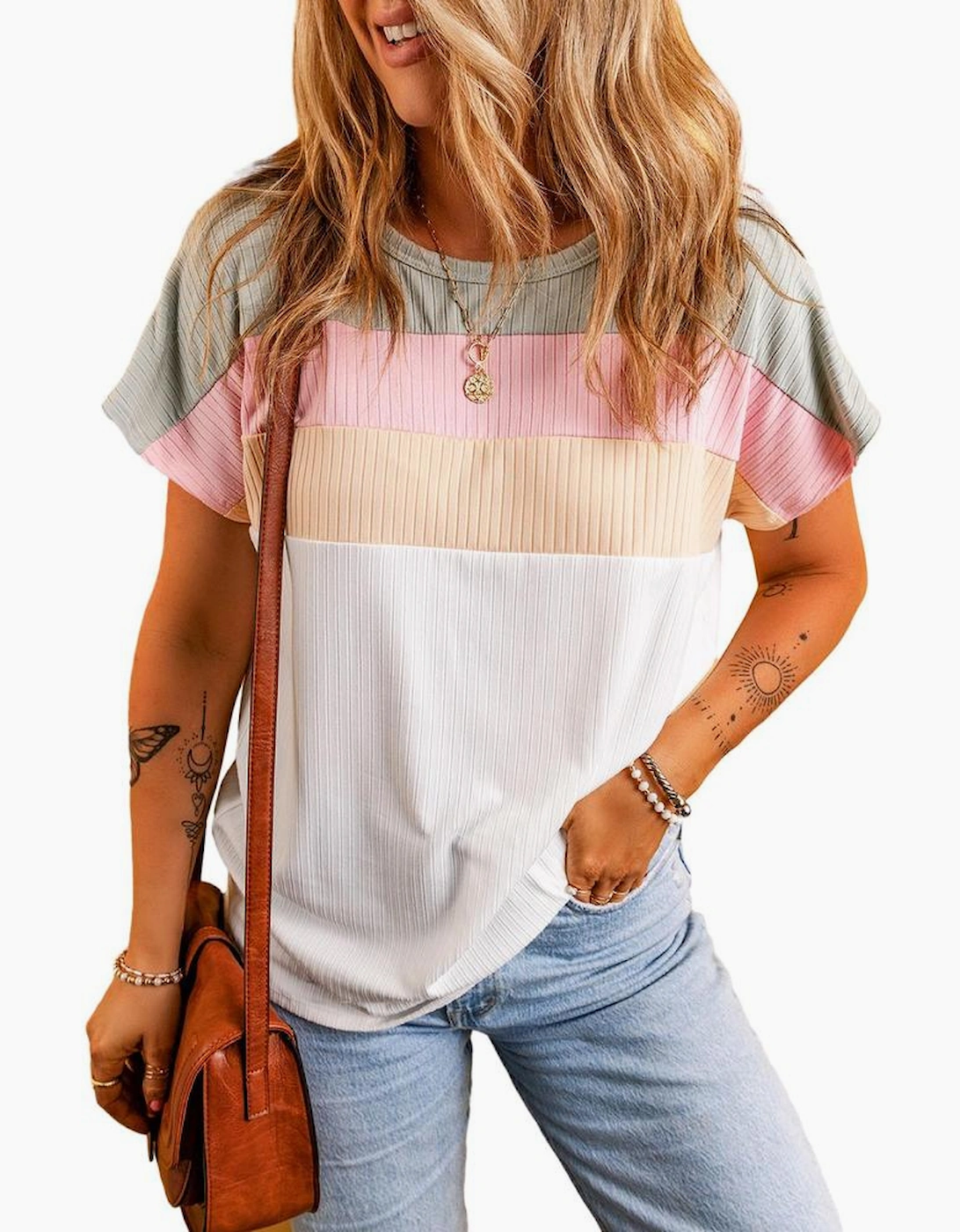 White Ribbed Color Block Patchwork T-shirt