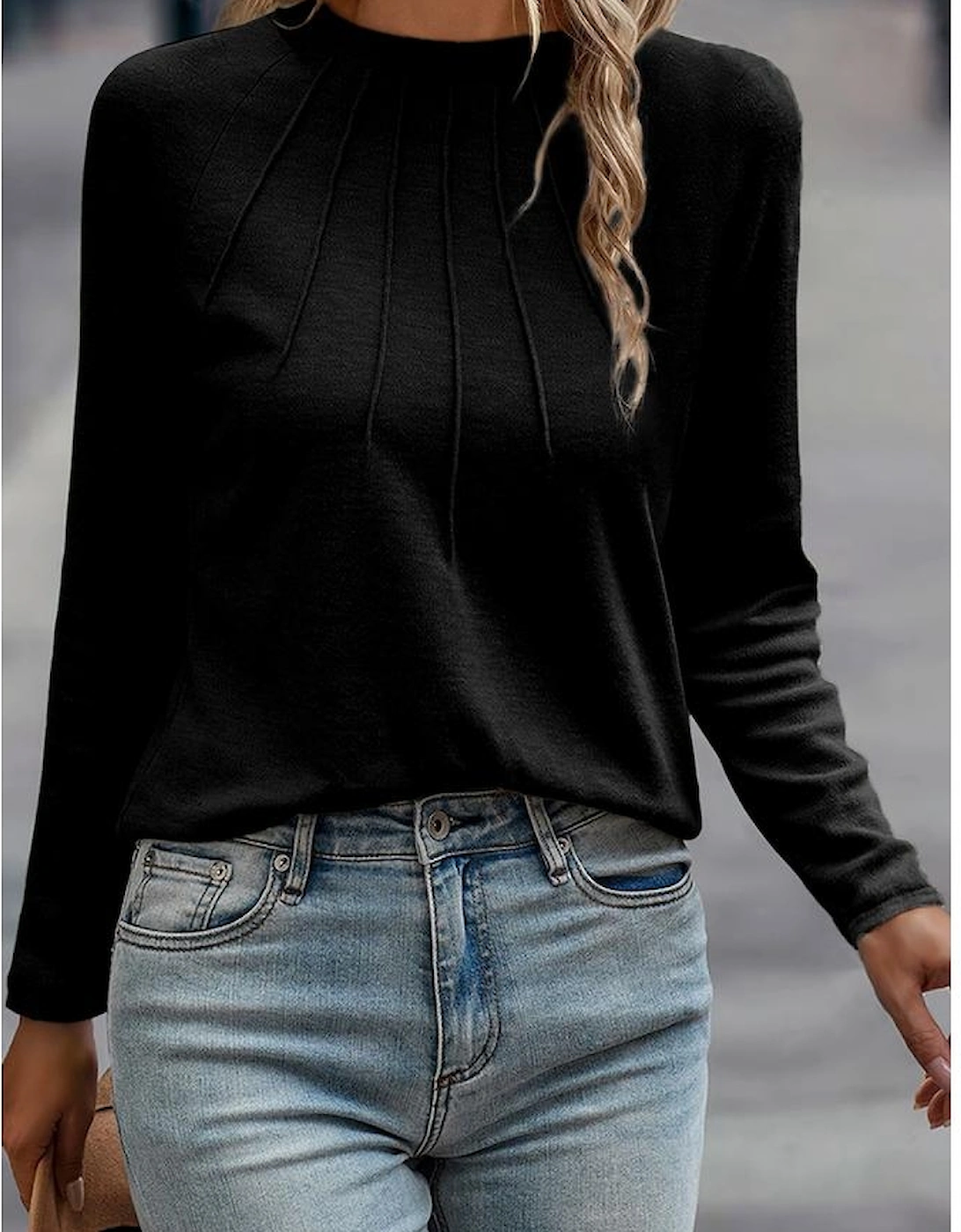 Black Solid Color Seam Detail Raglan Long Sleeve Top