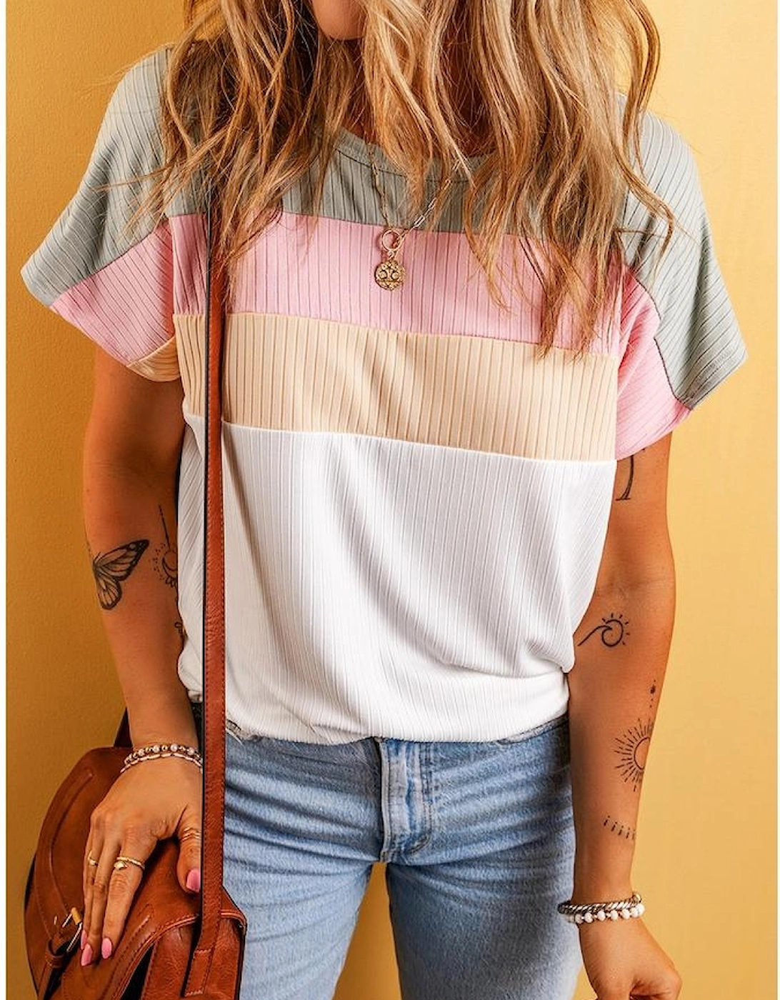White Ribbed Color Block Patchwork T-shirt