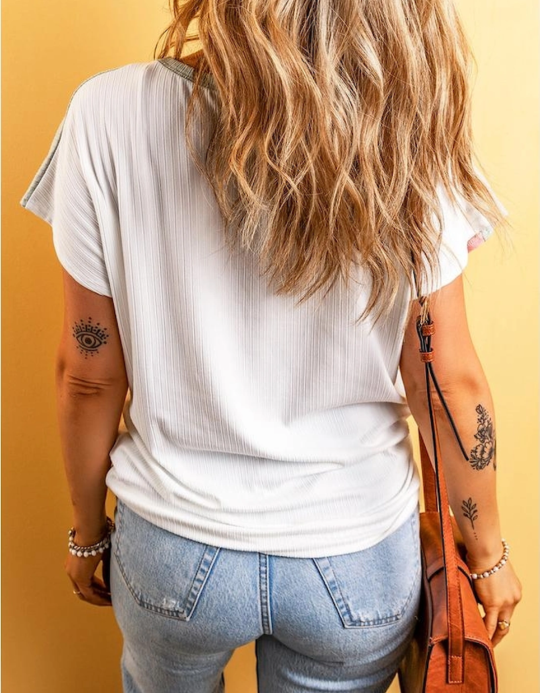 White Ribbed Color Block Patchwork T-shirt