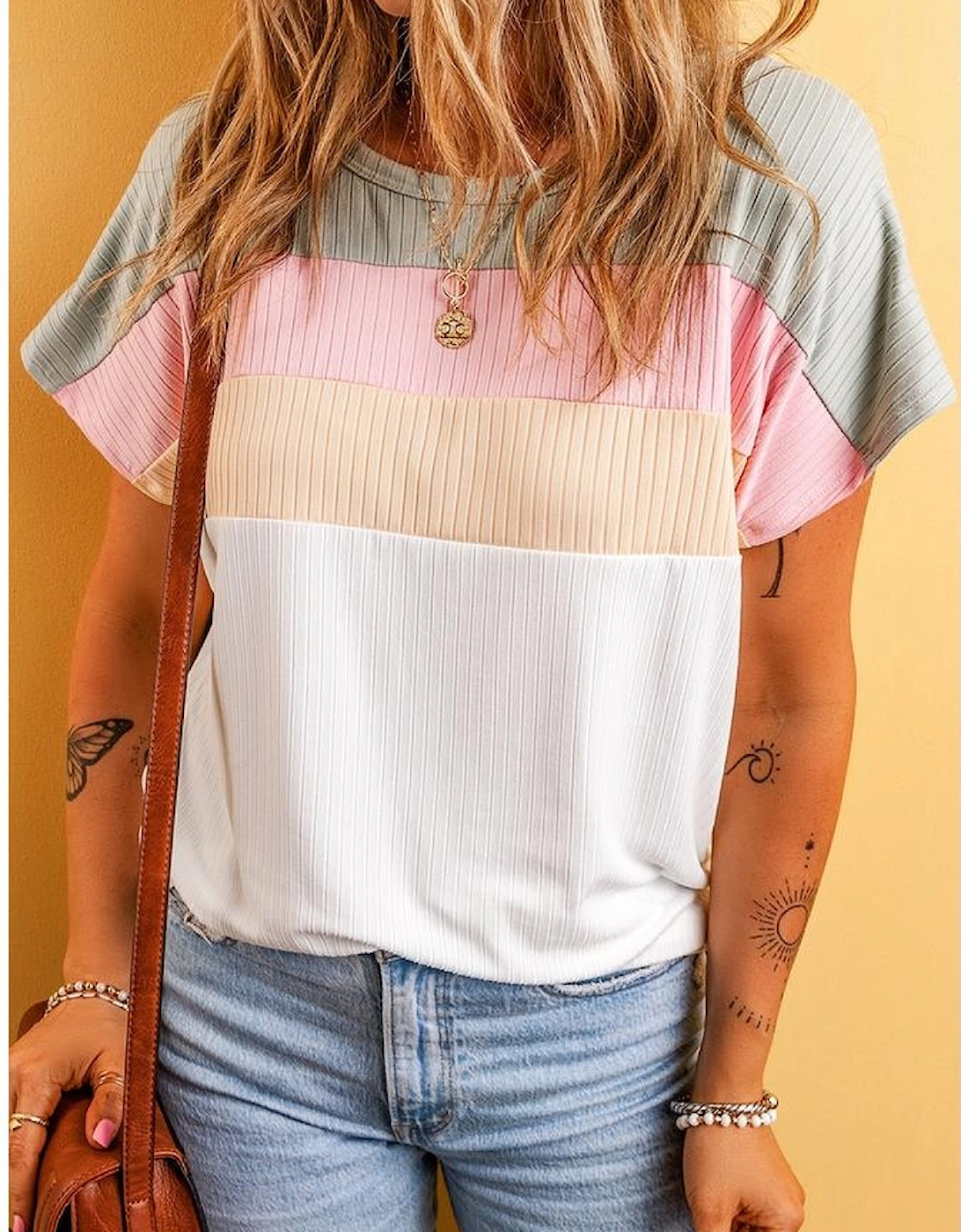 White Ribbed Color Block Patchwork T-shirt