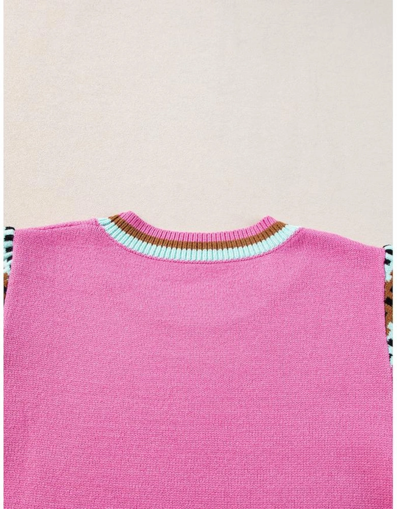 Bright Pink Contrast Printed Cap Sleeves Crewneck Sweater