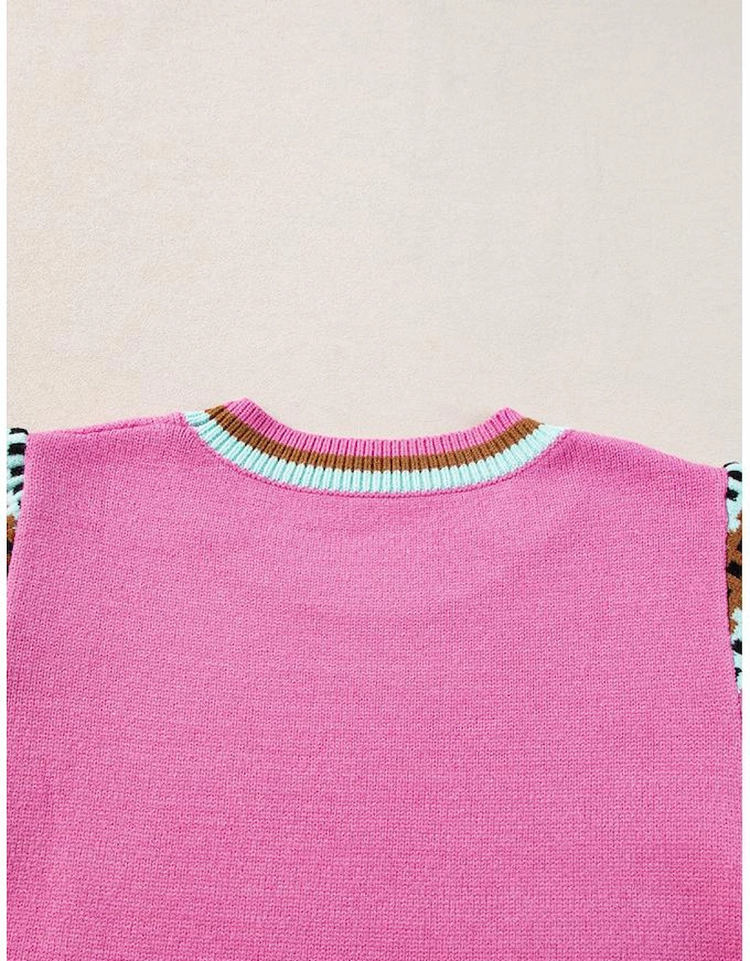 Bright Pink Contrast Printed Cap Sleeves Crewneck Sweater