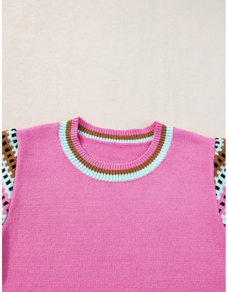 Bright Pink Contrast Printed Cap Sleeves Crewneck Sweater