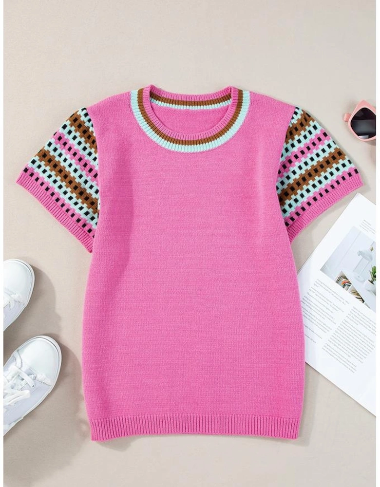 Bright Pink Contrast Printed Cap Sleeves Crewneck Sweater