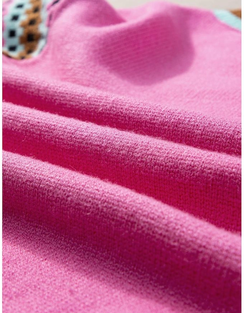 Bright Pink Contrast Printed Cap Sleeves Crewneck Sweater
