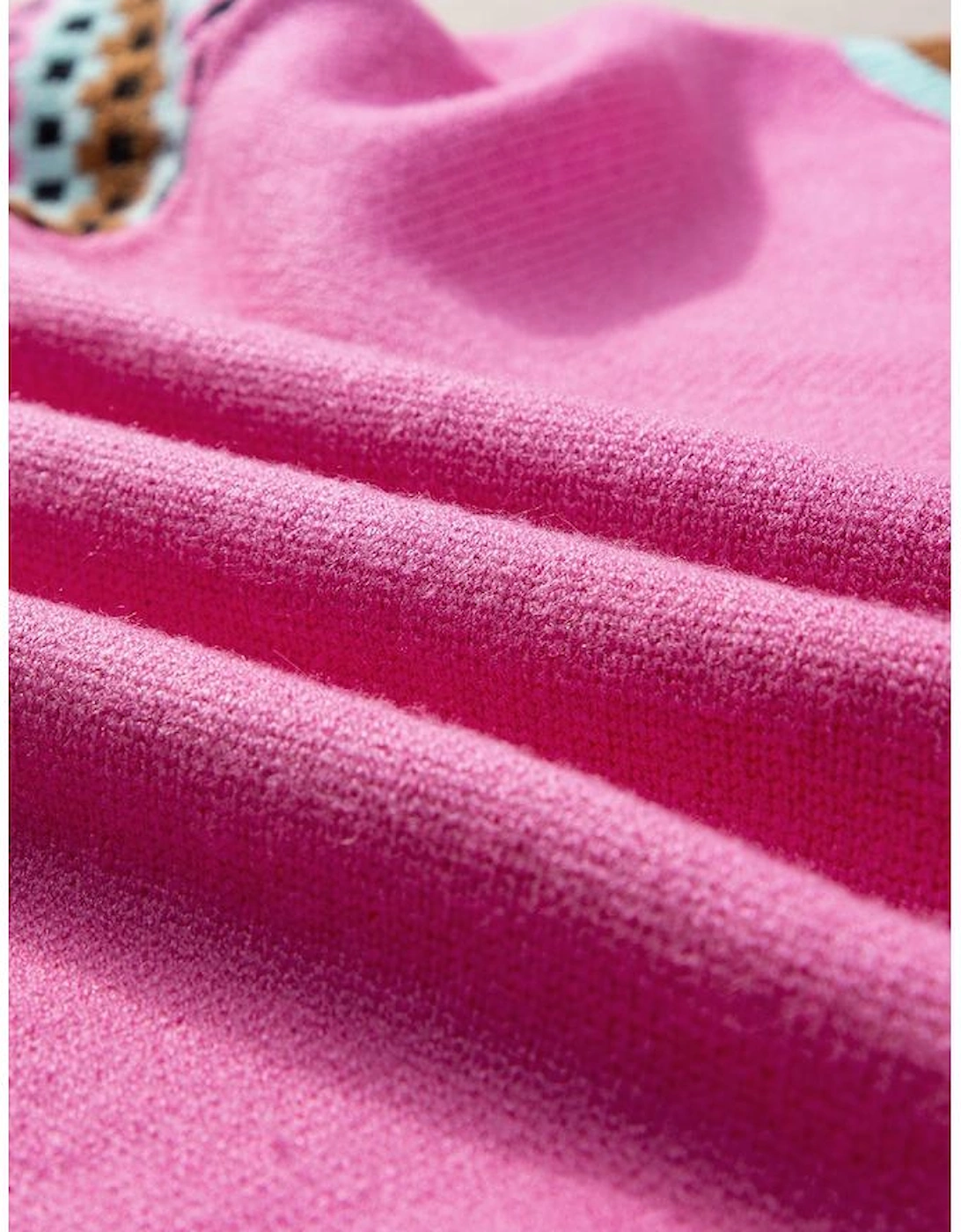 Bright Pink Contrast Printed Cap Sleeves Crewneck Sweater