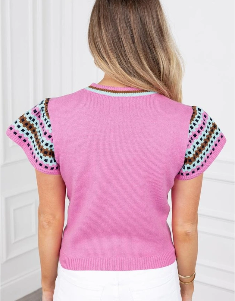 Bright Pink Contrast Printed Cap Sleeves Crewneck Sweater