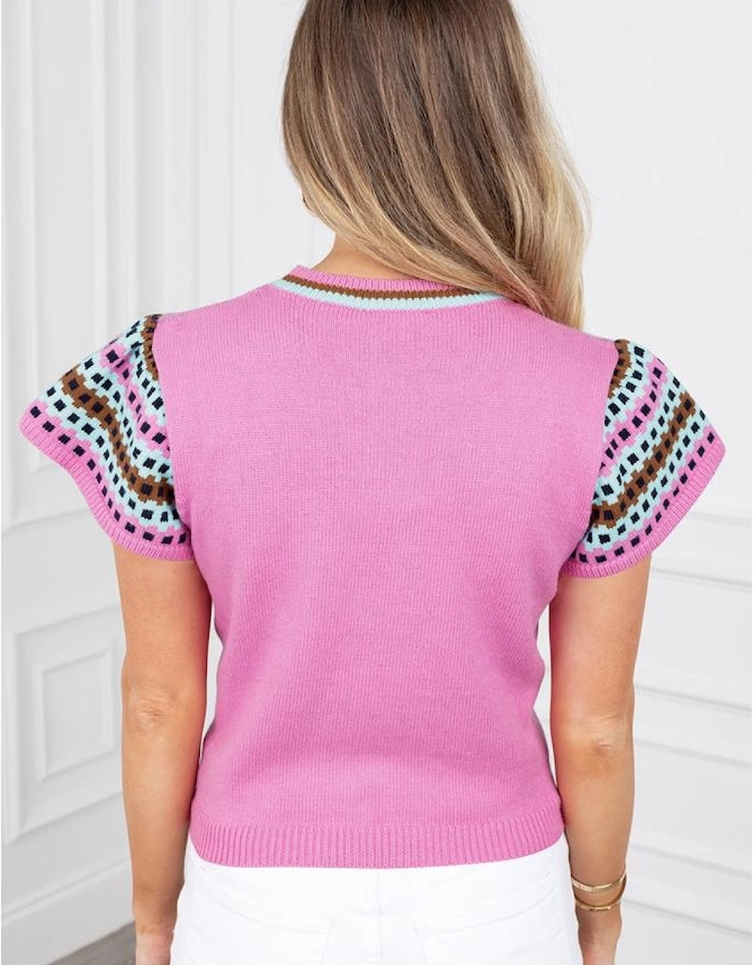 Bright Pink Contrast Printed Cap Sleeves Crewneck Sweater