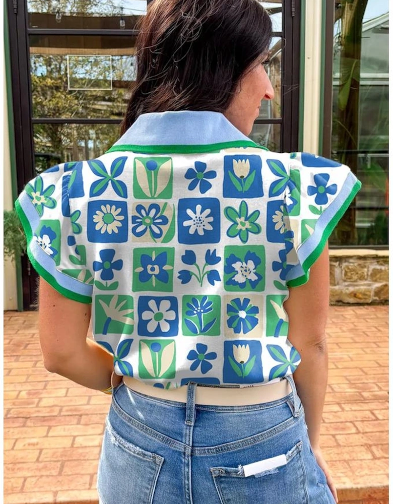 Green Floral Plaid Colorblock Trim Collar Flutter Sleeve Blouse