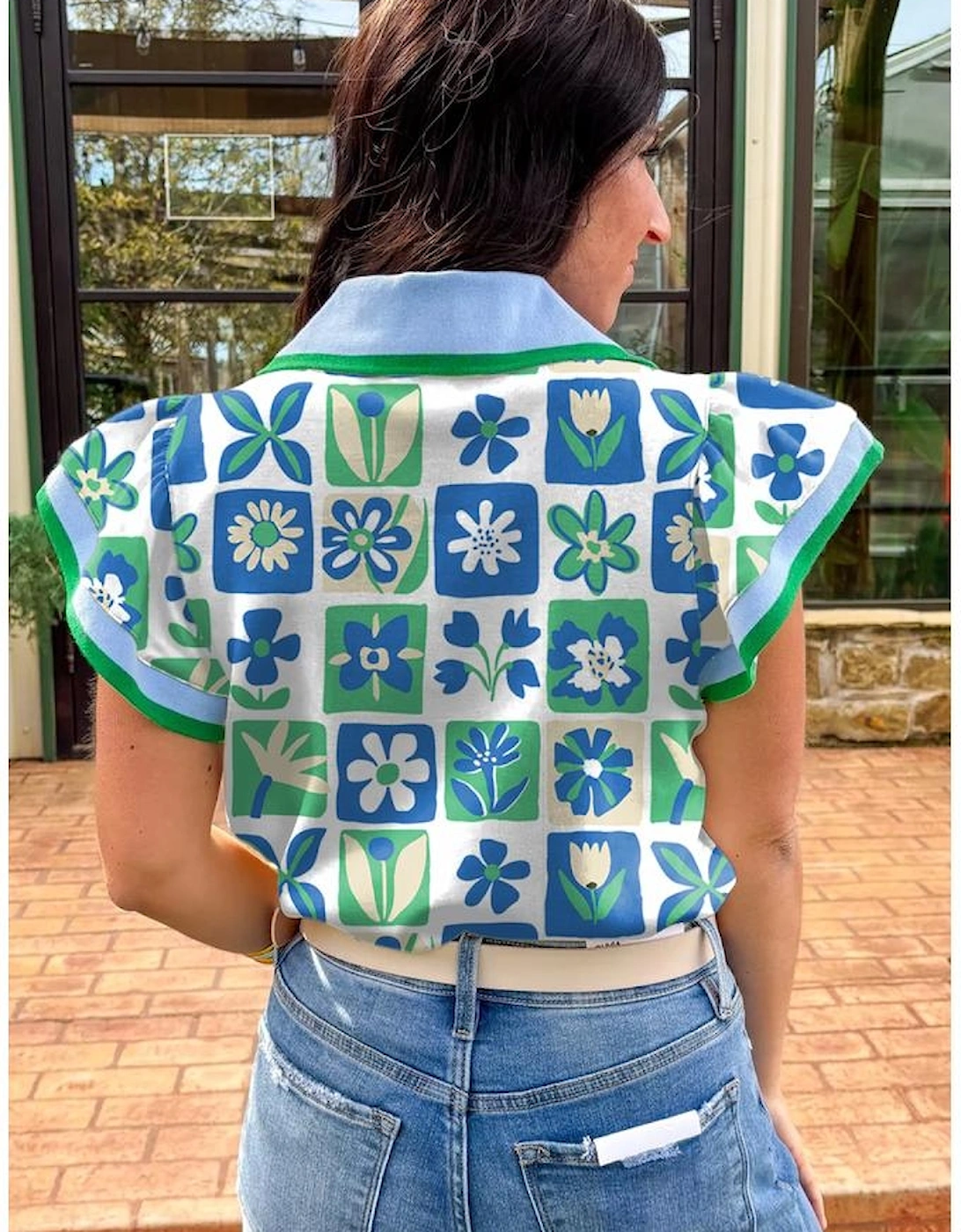 Green Floral Plaid Colorblock Trim Collar Flutter Sleeve Blouse, 10 of 9