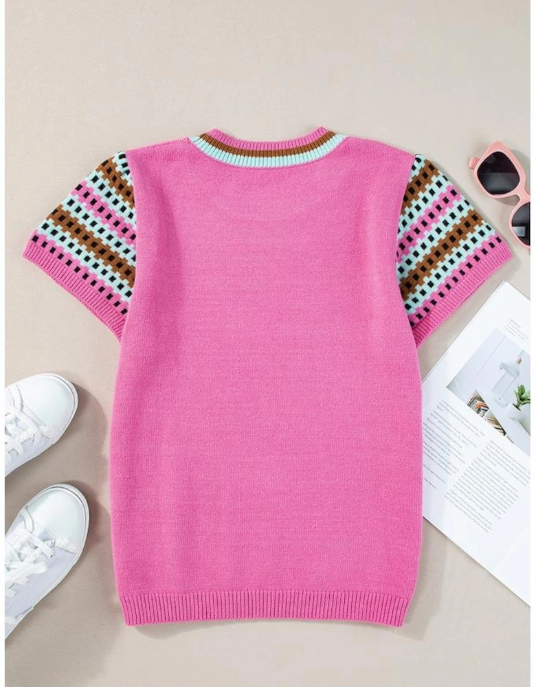 Bright Pink Contrast Printed Cap Sleeves Crewneck Sweater