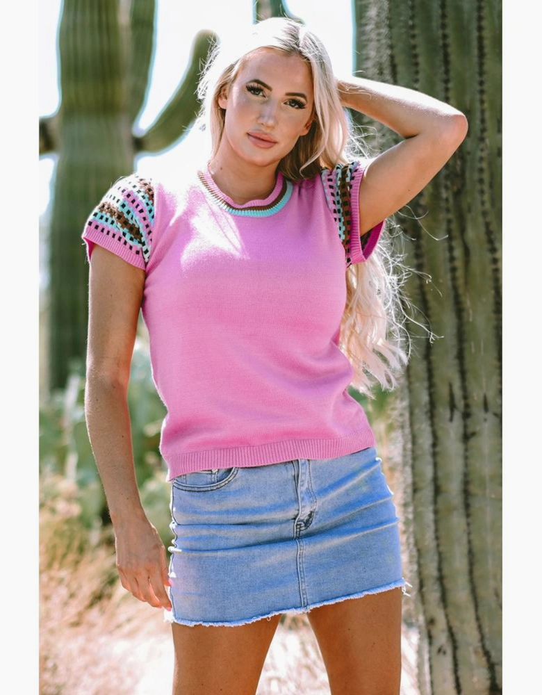 Bright Pink Contrast Printed Cap Sleeves Crewneck Sweater