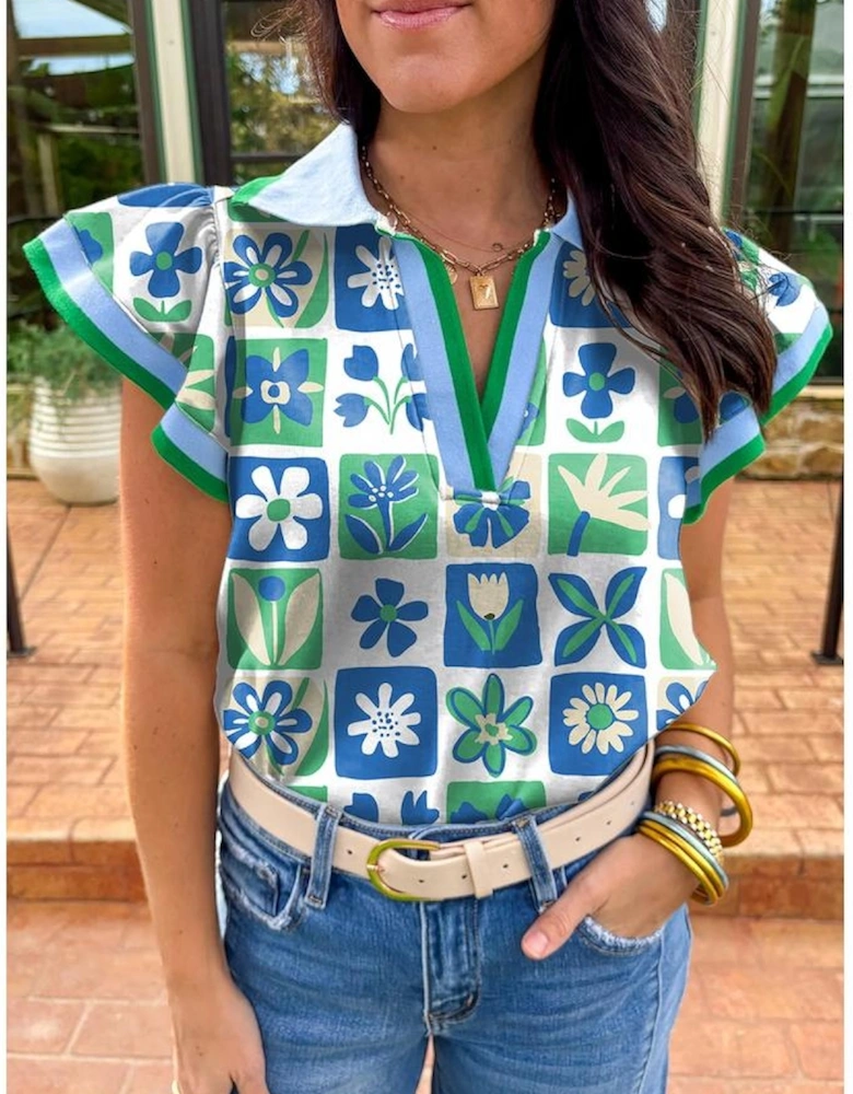 Green Floral Plaid Colorblock Trim Collar Flutter Sleeve Blouse