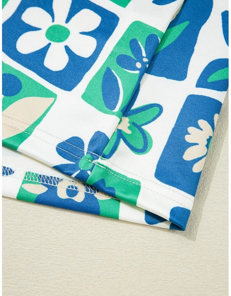 Green Floral Plaid Colorblock Trim Collar Flutter Sleeve Blouse