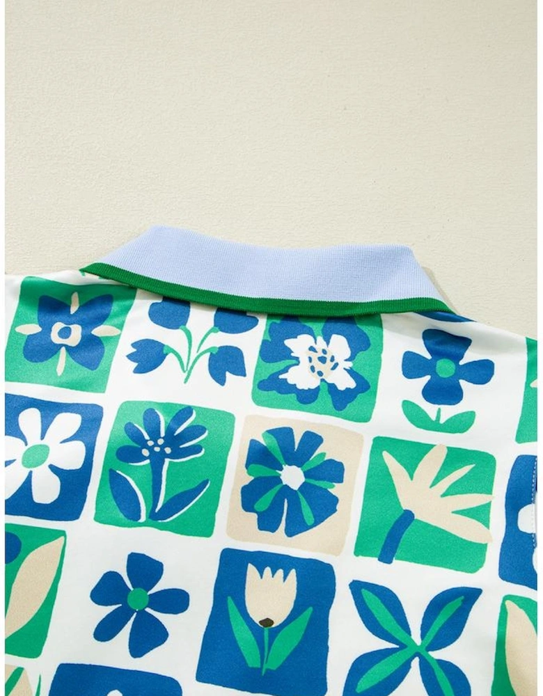 Green Floral Plaid Colorblock Trim Collar Flutter Sleeve Blouse