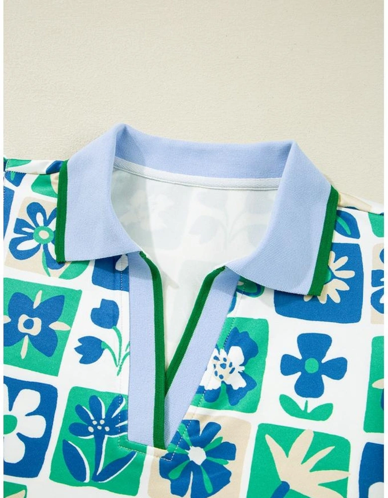 Green Floral Plaid Colorblock Trim Collar Flutter Sleeve Blouse