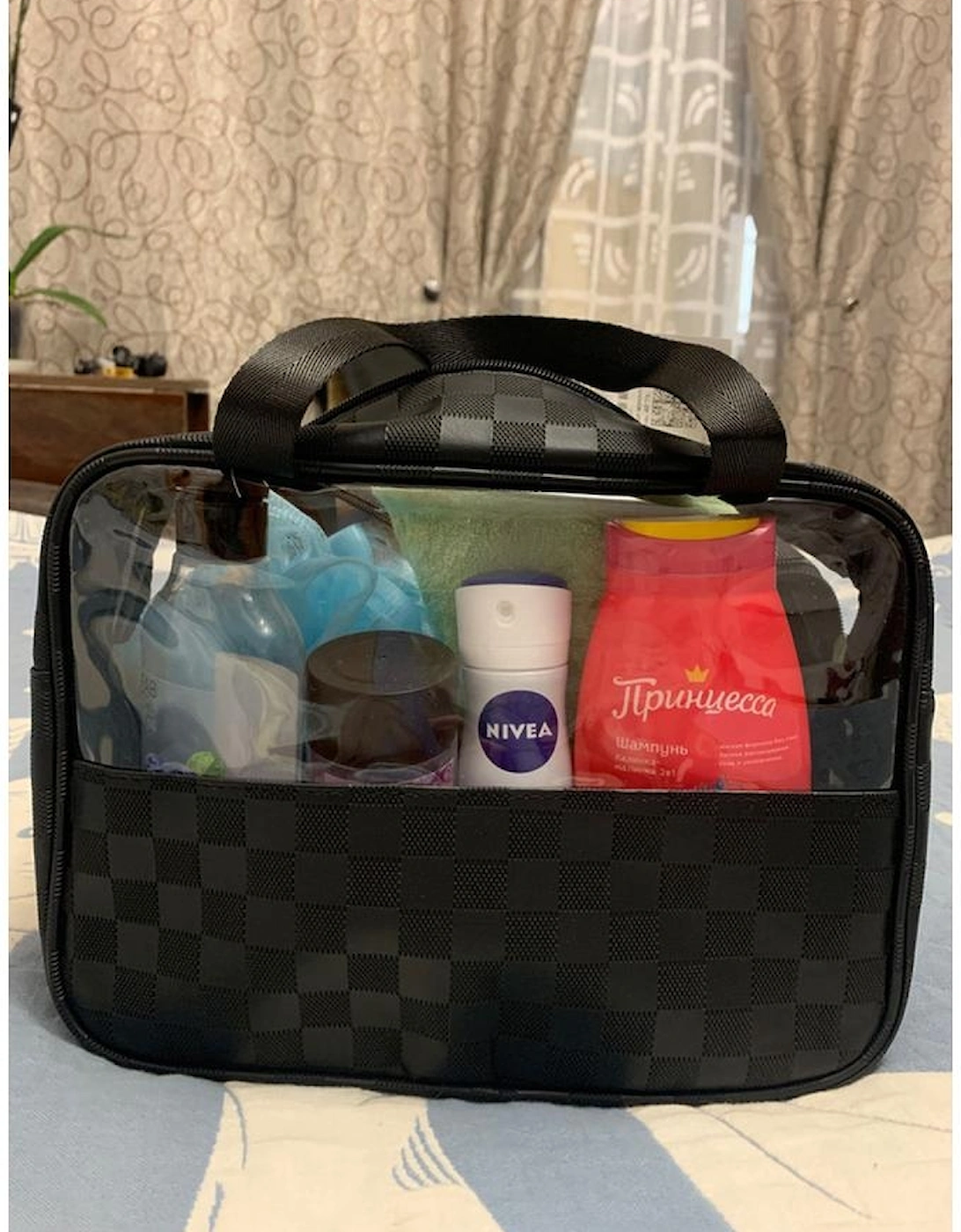 Black Stylish Checkered PVC Clear Cosmetic Bag