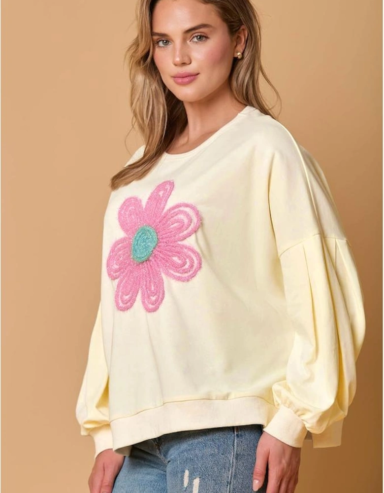 Beige Tinsel Flower Dropped Puff Sleeve Sweatshirt