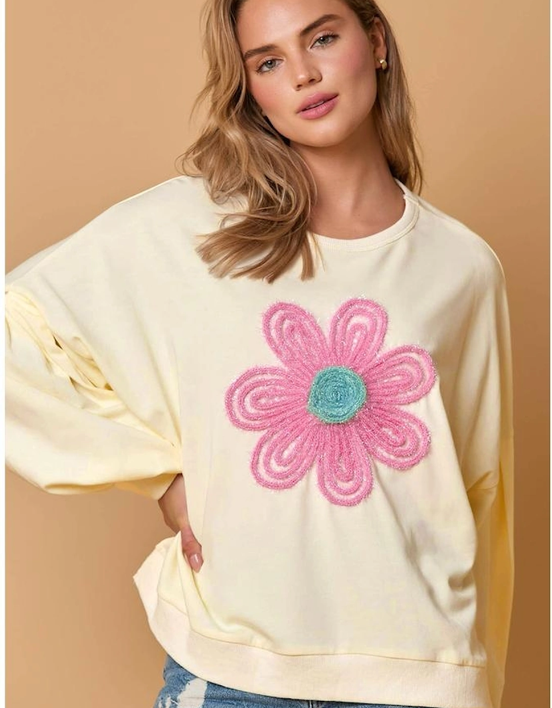 Beige Tinsel Flower Dropped Puff Sleeve Sweatshirt