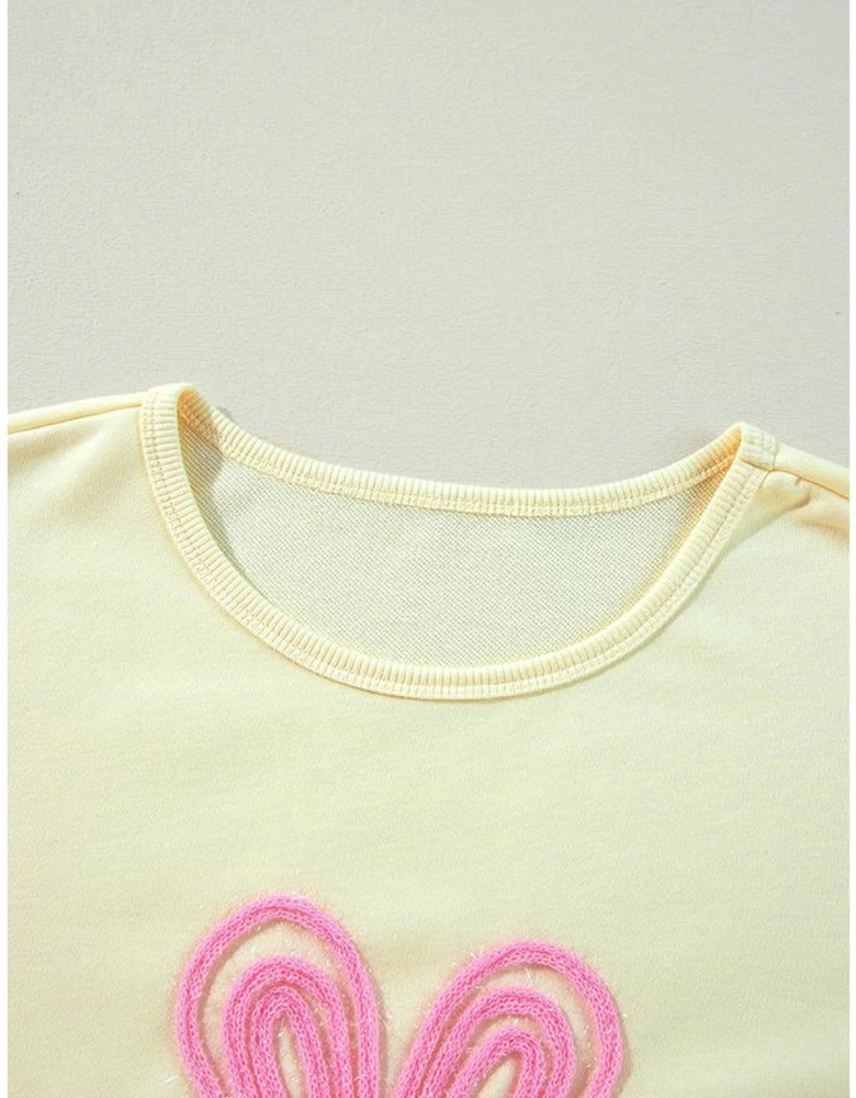 Beige Tinsel Flower Dropped Puff Sleeve Sweatshirt