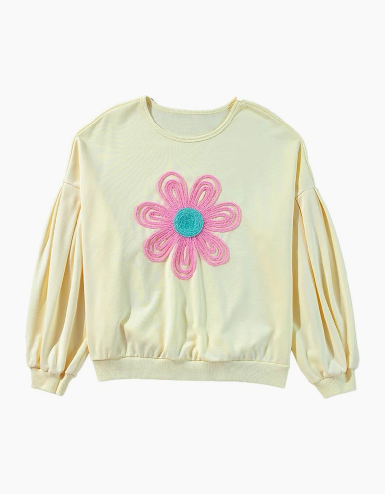 Beige Tinsel Flower Dropped Puff Sleeve Sweatshirt