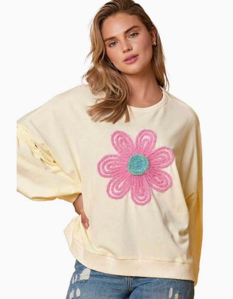 Beige Tinsel Flower Dropped Puff Sleeve Sweatshirt