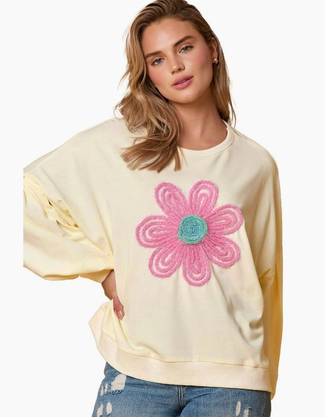 Beige Tinsel Flower Dropped Puff Sleeve Sweatshirt